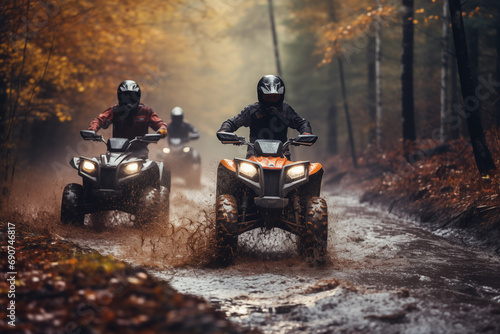 Sportsmen riding atv on dirty off-road track in autumn forest. Generative AI photo