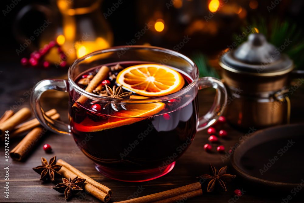 Aromatic mulled wine in a glass with orange slice, cinnamon, and star anise, festive background with warm lights. Aromatic mulled wine in a glass with orange slice, cinnamon, and star anise, festive background with warm lights.