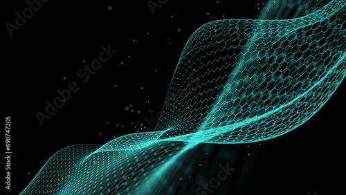 Futuristic hexagon wave motion background. The abstract structure of network connection. Big data visualization. 3D rendering.