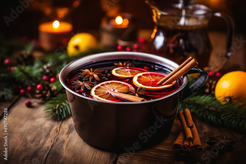Cozy winter scene with a pot of mulled wine  citrus slices  and spices  surrounded by festive decorations and warm candlelight.