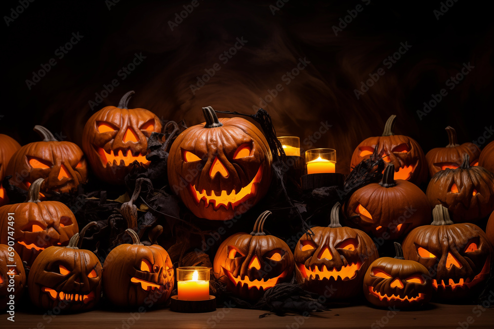 Creepy Halloween pumpkins with carved glowing faces. Generative AI Creepy Halloween pumpkins with carved glowing faces. Generative AI