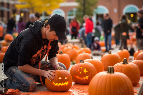 Man carving Halloween pumpkins on street. Generative AI