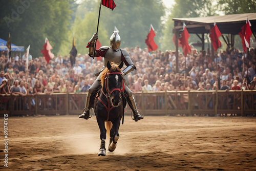 A knight riding horse at medieval jousting tournament. Generative AI photo