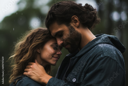 A man and woman embrace tenderly in the rain, displaying a moment of intimacy and affection.