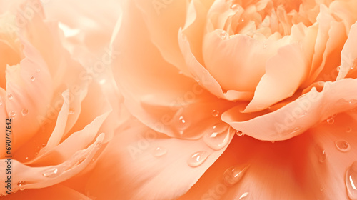 A close up of a flower with water droplets on it. Monochrome peach fuzz background.