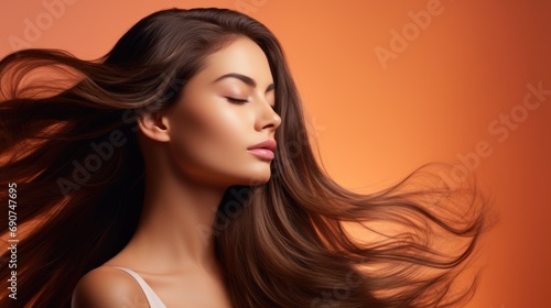 A woman with long brown hair blowing in the wind.