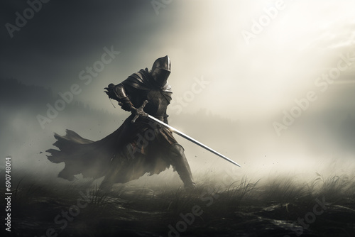 Knight in battlefield smoke. Generative AI photo
