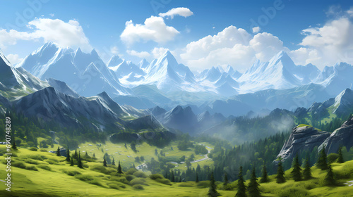 A blue mountain range with trees and a sky background with a few clouds in the distance with a blue sky © junaid