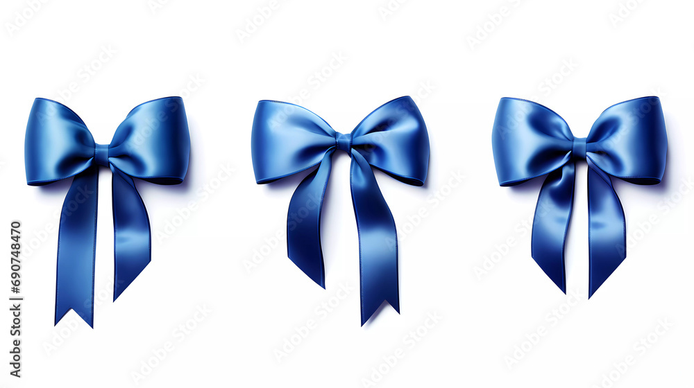 A blue ribbon with a bow on it is shown in four different angles