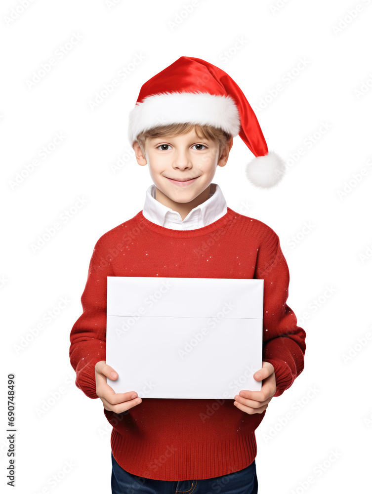 Boy in red sweater and santa hat holds a white board isolated on white background Boy in red sweater and santa hat holds a white board isolated on white background