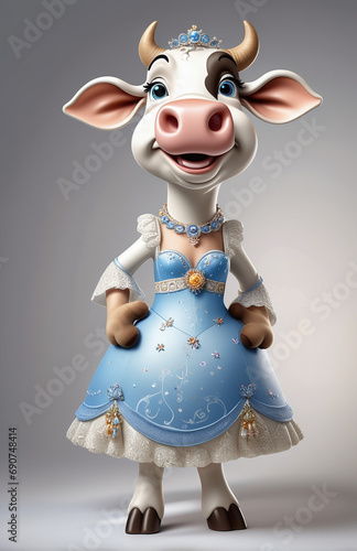 Anthropomorphic caricature COW Wearing a cinderella-dress clothing, standing, full body view, isolated on white paper background photo