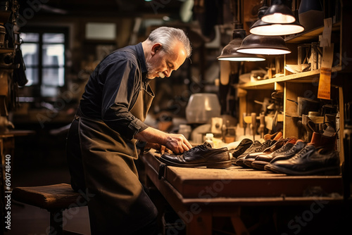 Old senior man shoemaker working at craft workshop. Generative AI