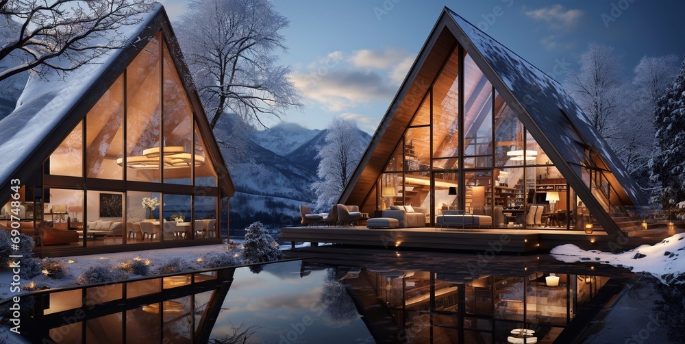 Modern wooden chalet houses with snow and mountains on ski resort in cold evening.Macro.AI Generative. - obrazy, fototapety, plakaty 