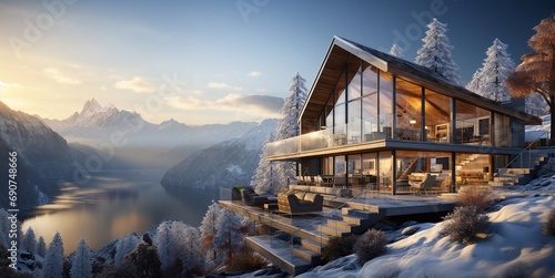 Modern wooden chalet house with snow and mountains on ski resort in cold evening.Macro.AI Generative. © DenisMArt