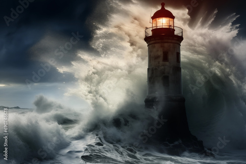 Glowing sea ocean lighthouse in storm with thunder. Generative AI