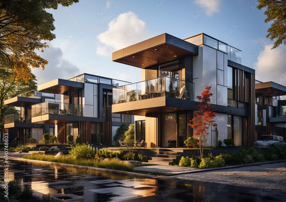 Fototapeta premium Modular townhouses with minimalist exterior in modern neighborhood on summer day.Macro.AI Generative.