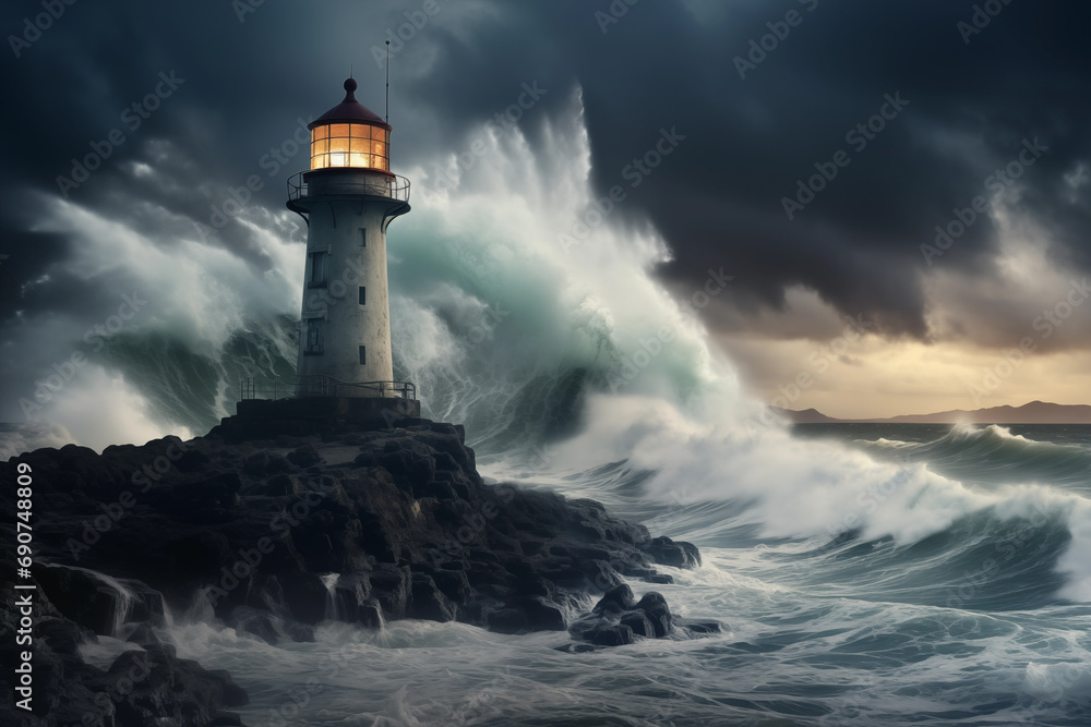 Glowing sea ocean lighthouse in storm with thunder. Generative AI