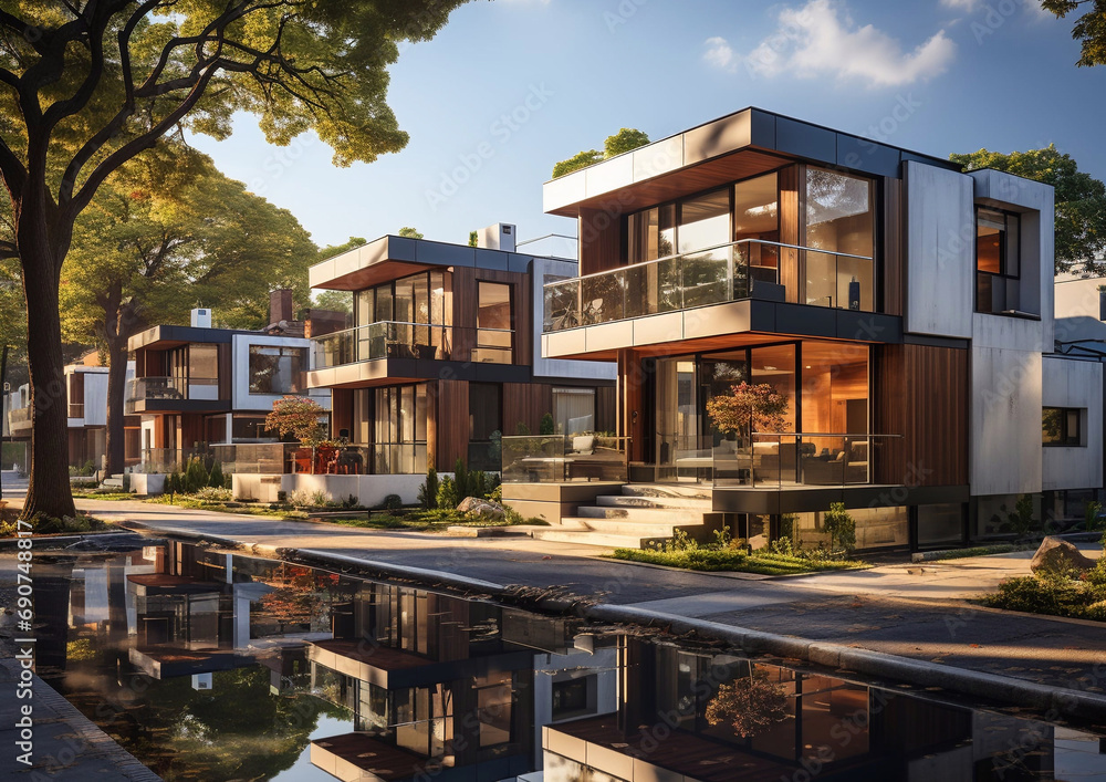 Modern neighborhood with luxury modular townhouses with minimalist exterior in on summer day.Macro.AI Generative. Modern neighborhood with luxury modular townhouses with minimalist exterior in on summer day.Macro.AI Generative.