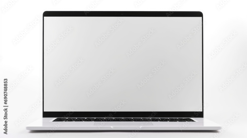 A laptop computer with a blank screen on a white surface. Laptop screen mockup, copy-space. - obrazy, fototapety, plakaty 