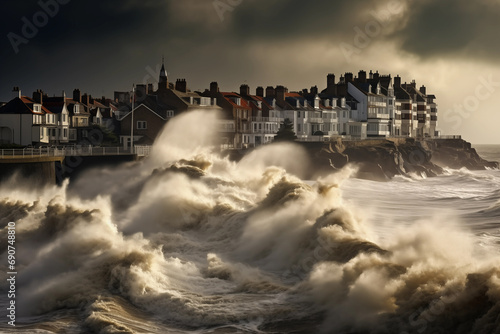 Coastal town with resilience against heavy rainstorm. Generative AI © Nomad_Soul