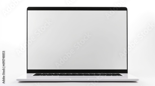 A laptop computer with a blank screen on a white surface. Laptop screen mockup, copy-space. photo