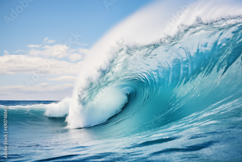 Big splashing waves of clear ocean wave. Generative AI