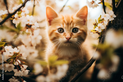 A ginger kitten with mesmerizing eyes surrounded by white cherry blossoms, capturing a serene moment in spring.