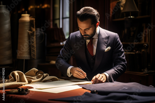 Elegant male tailor at work in dark craft studio. Generative AI