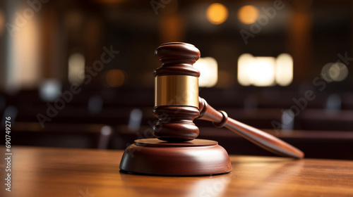 copy space, stockphoto, close up on the gavel with courroom in the background. Juridic theme mockup. Focus on a gavel lying on a wooden desk in a courtroom.