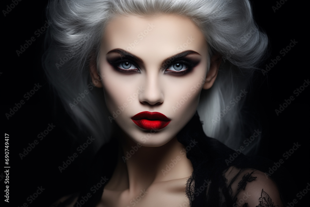 Fototapeta premium Portrait of beautiful blonde vampire woman. Generative AI