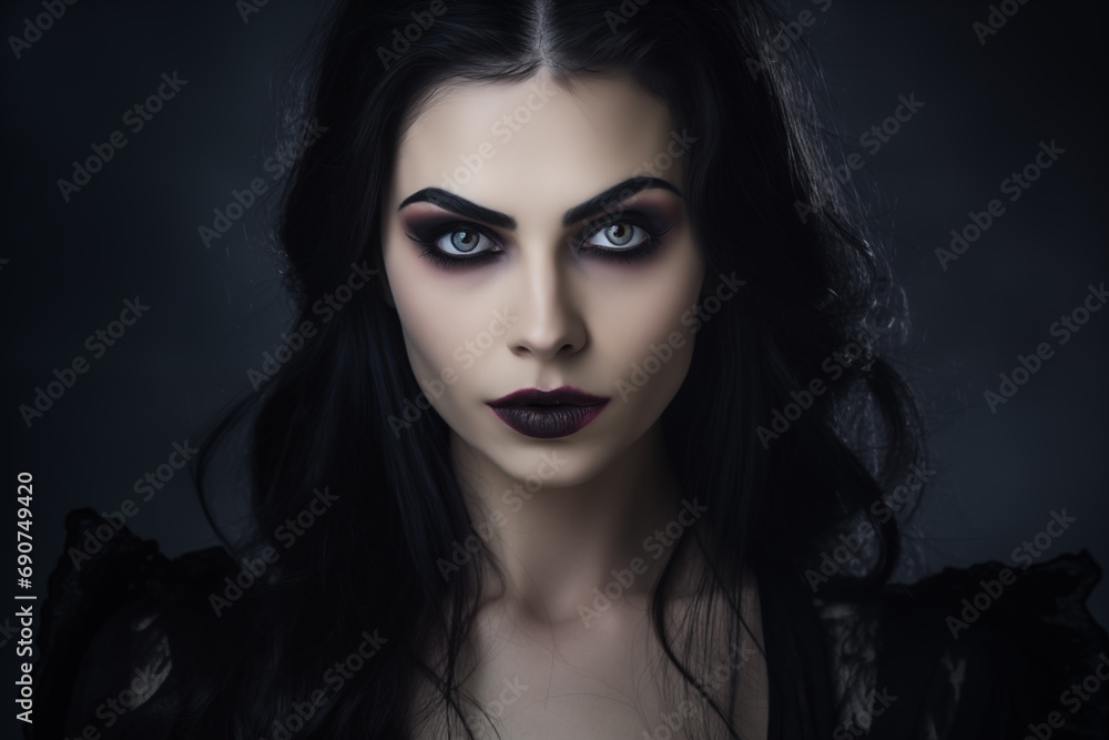 Portrait of beautiful vampire woman in elegant dress. Generative AI Portrait of beautiful vampire woman in elegant dress. Generative AI