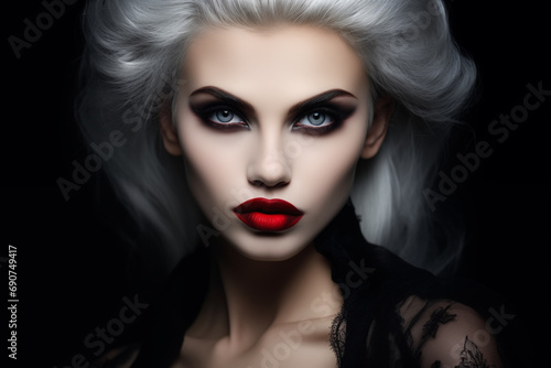 Portrait of beautiful blonde vampire woman. Generative AI