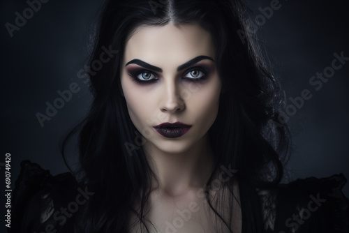 Portrait of beautiful vampire woman in elegant dress. Generative AI © Nomad_Soul