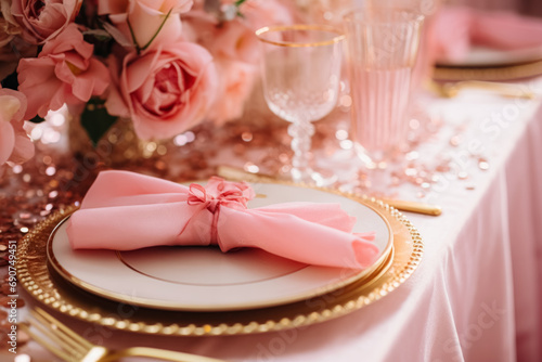 An opulent table setting features a pink napkin with a delicate bow on a gold-rimmed plate, accompanied by elegant glassware and soft roses.