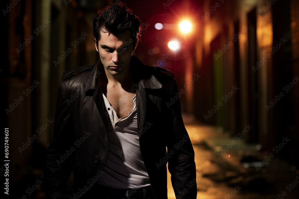 Portrait of young guy vampire on dark street. Generative AI