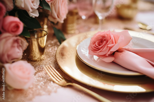 An exquisite table setting with a golden plate, pink napkin, and a delicate rose, set against a backdrop of more roses and soft lighting.