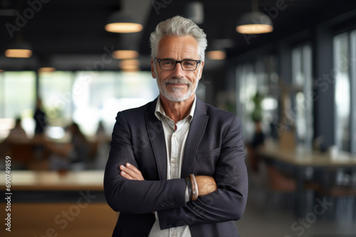 Portrait of businessman in modern office looking at camera.