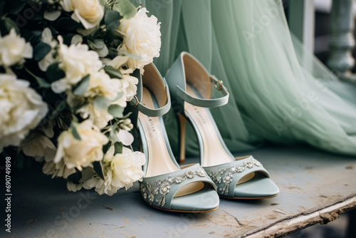 Elegant teal bridal shoes with embellishments beside a white floral bouquet, suggesting wedding preparations.