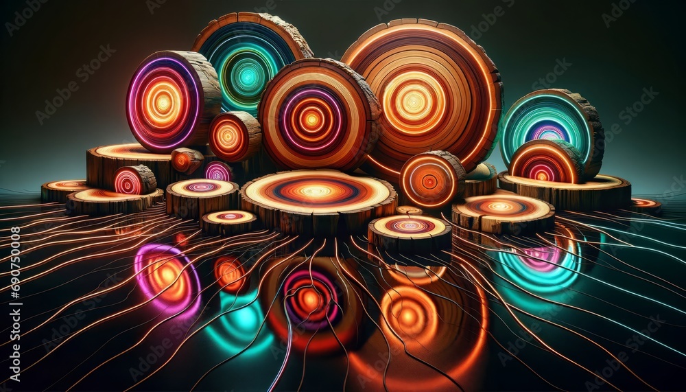 Obraz premium Multiple Polished Wooden Stump Slices with Neon Lights on Mirrored Background - Symmetrical Light Play