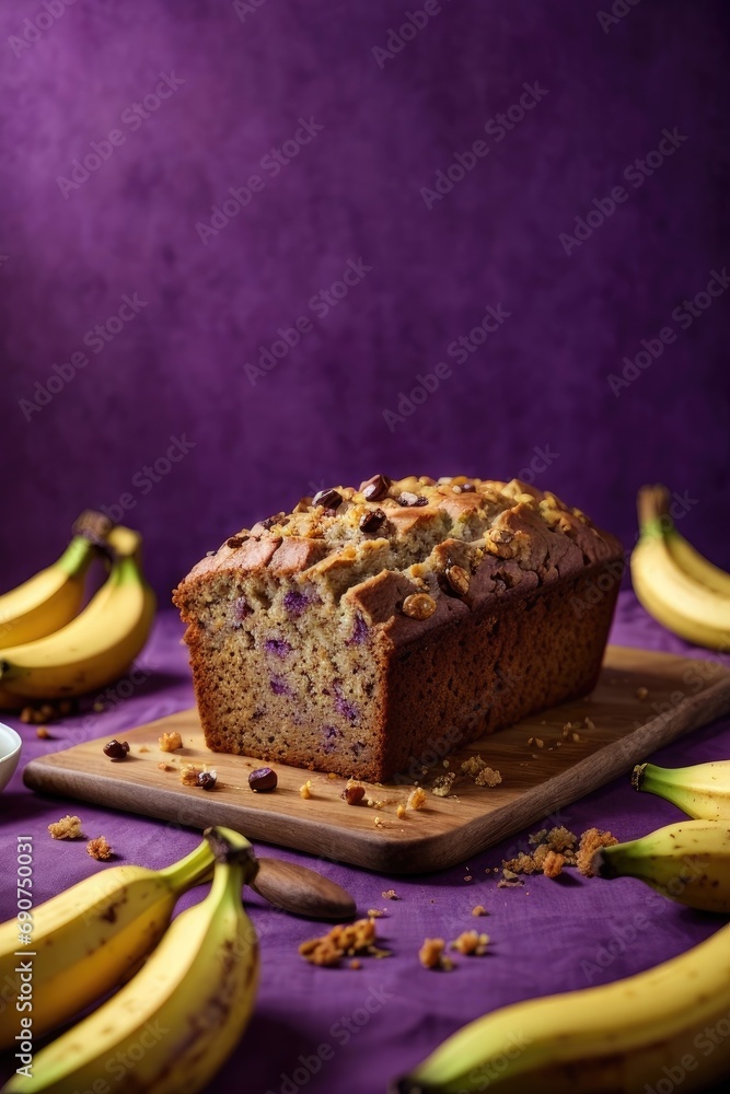 Banana bread on the table on purple background, banana cake with nuts, Banana cake with almonds, bread and banana, bread with banana, Banana muffins, homemade banana pie, banana bread with raisins Banana bread on the table on purple background, banana cake with nuts, Banana cake with almonds, bread and banana, bread with banana, Banana muffins, homemade banana pie, banana bread with raisins