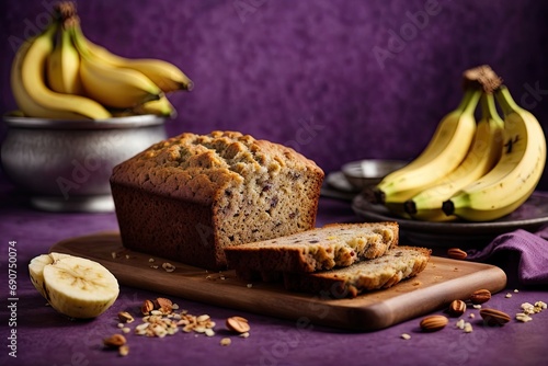 Banana bread on the table on purple background, banana cake with nuts, Banana cake with almonds, bread and banana, bread with banana, Banana muffins, homemade banana pie, banana bread with raisins