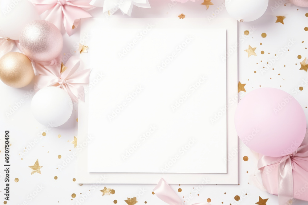 Blank white plain birthday invite mockup. Pink and white balloons, confetti. Generative AI