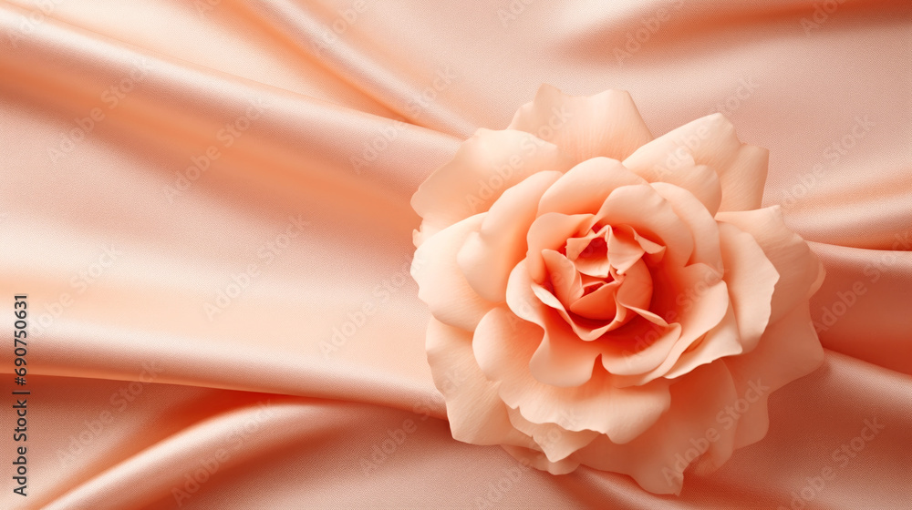 A single rose on a satin background. Monochrome peach fuzz background.