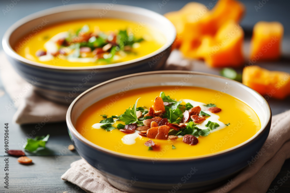 Bowls of butternut squash soup garnished with greens, bacon and pumpkin seeds. Generative AI