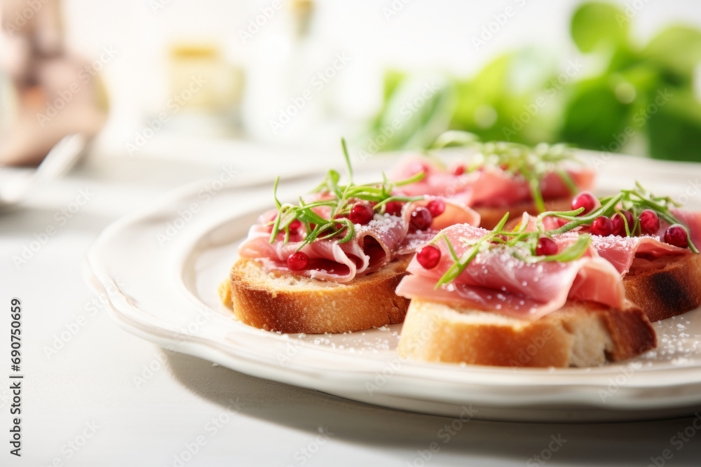 Toasts with cheese cream, ham and cranberry sauce. Generative AI Toasts with cheese cream, ham and cranberry sauce. Generative AI
