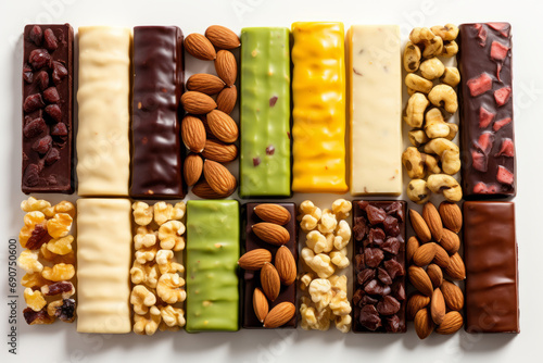Assorted nut bars on white background. Top view of various healthy granola bars. Set of energy  sport  breakfast and protein bars. Generative AI