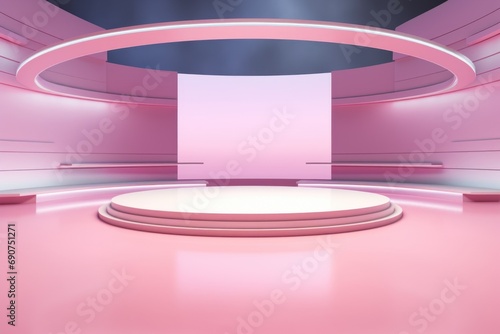 A pink room with a round podium in the middle.