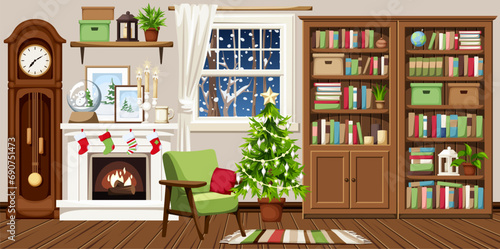 Christmas living room interior with a fireplace, a Christmas tree, an armchair, bookcases, grandfather clock, and snowfall outside the window. Cozy Christmas evening interior design