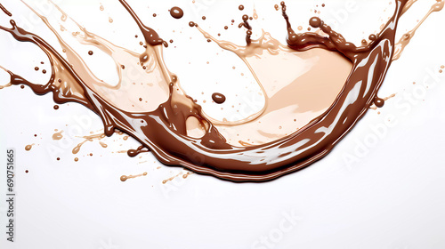 A chocolate liquid splashing down the center of a white background with a white background and a brown liquid splashing down the center of the center
