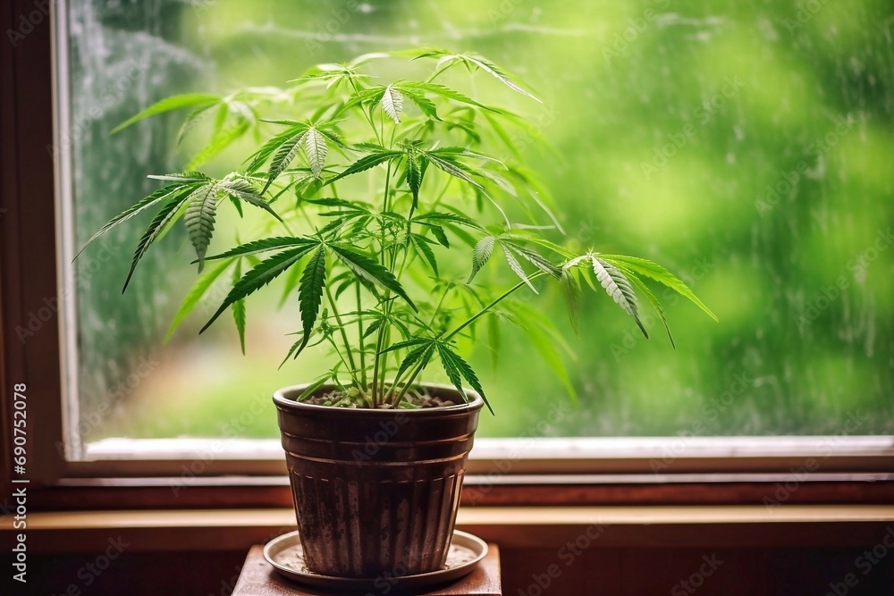 Cannabis grows on the window in a pot in the apartment